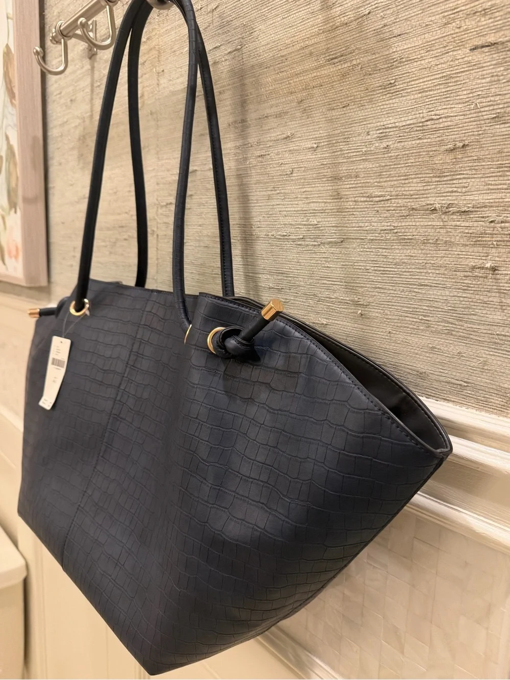 NWT new Anthropologie Maeve embossed croc tote bag navy blue huge